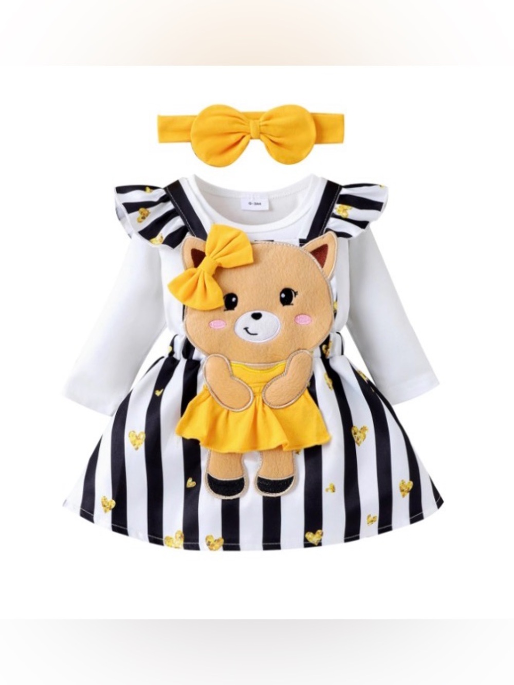 Baby 3pcsYellow Striped Bear Suspender Dress, White Long Sleeve Romper Headband